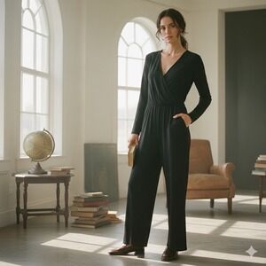 Chic Black Long Sleeve Wide Leg‎ Jumpsuit Petite Small Dark Academia Minimalist